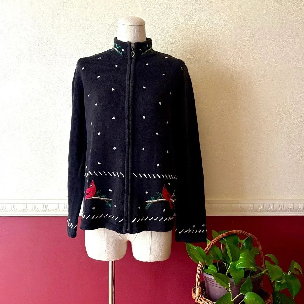 Christopher Banks Cardinal Holiday Hand Embroidered Zip Cardigan Sweater Black M